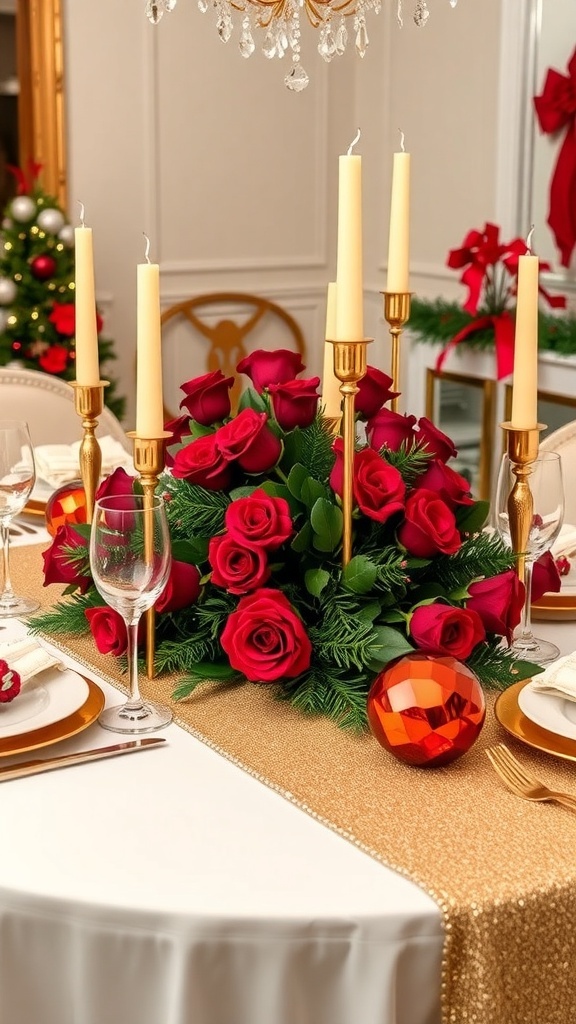 Elegant Christmas table with red and gold centerpiece, floral arrangements, and candles.